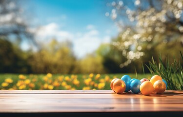 wooden deck and colorful globes on a deck - green grass in a spring garden - obrazy, fototapety, plakaty
