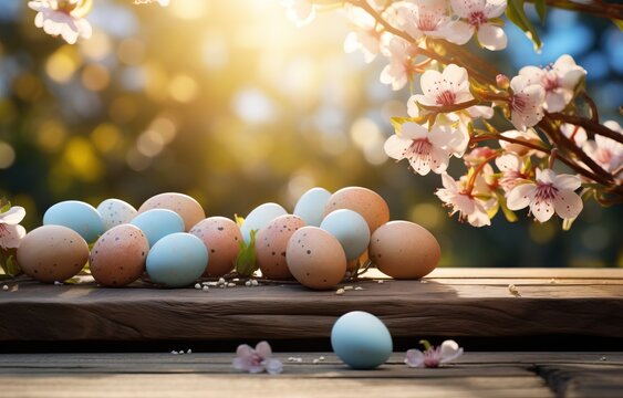 wooden board with easter eggs and cherry blossoms in the evening sun - waster wallpaper background