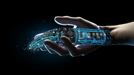 Futuristic Cyborg Hand Holds Video: Innovative Technology Concept