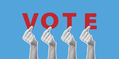 Vote and opinion poll concept of people voting. Halftone sticker of human hands holding vote letters on blue background. Vector illustration