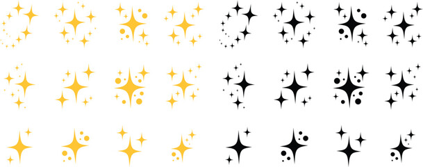 Yellow and black sparkles set, sparkling stars, shiny flashes of fireworks. Collection original stars. Vector illustration