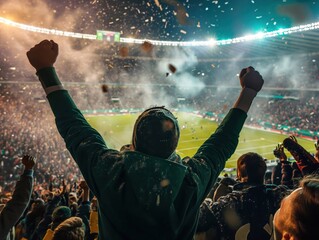 A man cheering on a crowded stadium during a sports victory