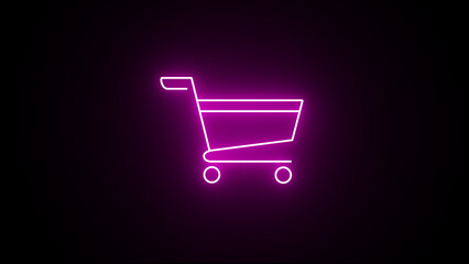 Purple color neon glowing Shopping cart icon. neon Shopping trolley sign. Shop symbol. Trolley icon. Neon lighting ecommerce shopping cart icon symbol on black background.