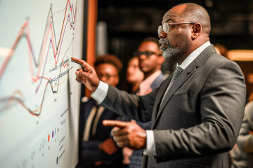 An African American businessman presenting a graph with analysis to colleagues during a corporate meeting.