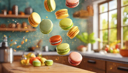 Kolorowe ciasteczka makaroniki na tle kuchni. Wypieki. Generative AI - obrazy, fototapety, plakaty
