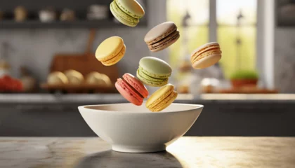 Rideaux velours Macarons Kolorowe ciasteczka makaroniki na tle kuchni. Wypieki. Generative AI