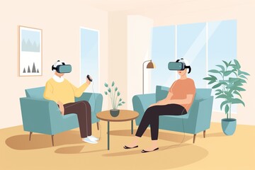Two elderly people using virtual reality headsets