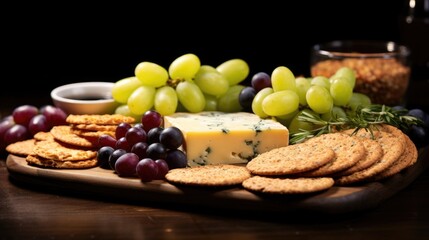 Cheese plate with crackers and grapes - wine tasting Appetizer