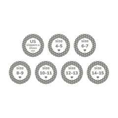Us slippers and shoe size label set. Circle vector shoes labels.