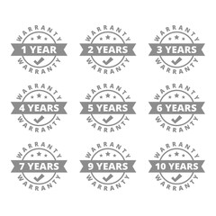 Warranty year vector label set. 1,3,5 years guarantee circle labels.