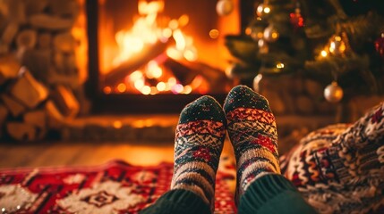Christmas holidays at home, feet in woolen socks on the background of the fireplace. Created with Generative Ai technology.
