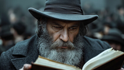 close up portrait, old jewish rabbi with long beard and hat reads the tanakh, the hebrew bible