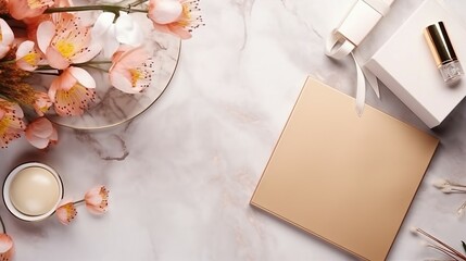 Elegant Cosmetics Arrangement on Stylish Desk with Modern Smartphone and Notebook - Beauty and Fashion Workspace for Creative Bloggers and Professionals.