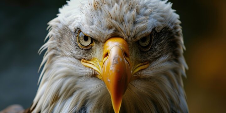 A detailed view of a bald eagle's face. Perfect for nature enthusiasts and wildlife photography projects
