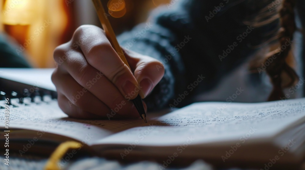Poster A person can be seen writing in a notebook with a pen. This image can be used for various purposes