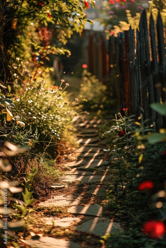 Poster a path in the middle of a garden next to a fence. can be used to depict a peaceful walkway in a gard