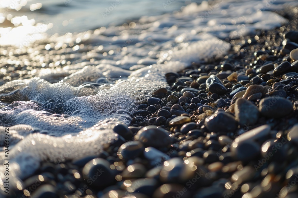 Poster a close-up view of a beach with rocks and water. perfect for travel websites or nature-themed design
