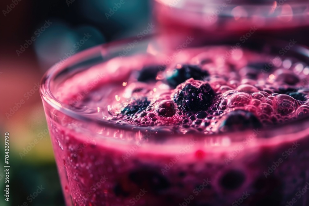 Poster a close up view of a refreshing and colorful smoothie in a glass. perfect for promoting healthy life