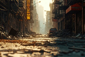 A city street cluttered with various types of debris. Suitable for illustrating urban decay and post-disaster scenes