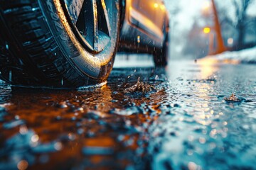 A close-up view of a tire on a wet road. This image can be used to depict rainy weather conditions or to illustrate the concept of driving in wet road conditions