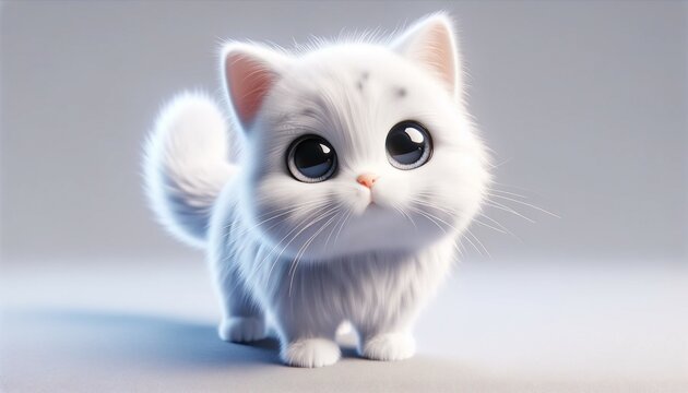 Adorable animated white kitten with big eyes.