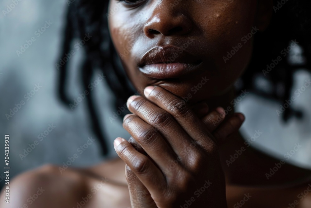Poster a close-up image of a woman with her hands resting on her chin. this versatile picture can be used i