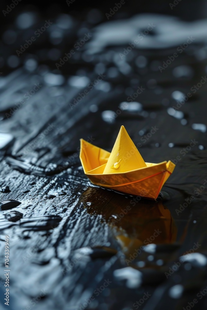 Poster A yellow paper boat peacefully floating on top of a puddle. Perfect for adding a touch of whimsy and childhood nostalgia to any project