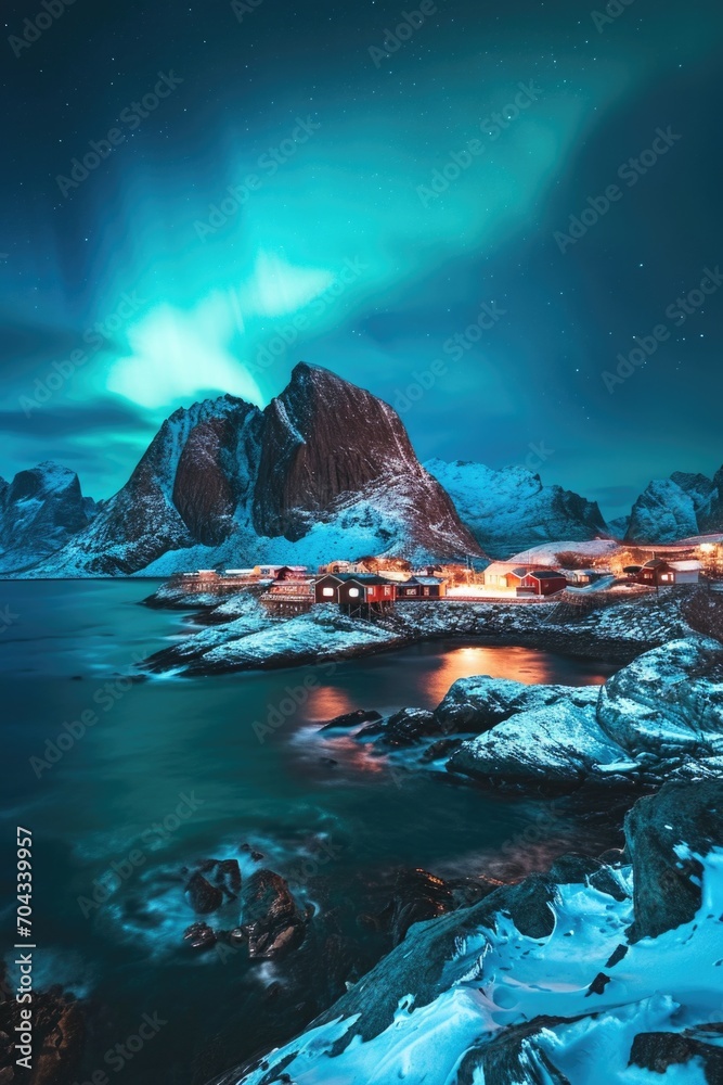 Leinwandbilder the stunning display of the aurora borealis lights up the night sky over a small town. perfect for a