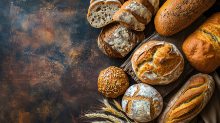Top view flat lay of various kinds of bread on the table with copy space. Bread bakery and food ingredient background photo concept.