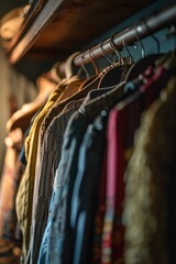 A row of clothes hanging on a rack. Can be used to depict a clothing store, fashion boutique, or laundry service