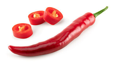sliced red hot chili peppers isolated on white background clipping path