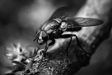 A black and white photo of a fly perched on a branch. Can be used to depict nature, insects, or close-up photography