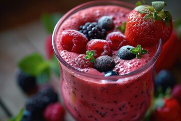 A close-up view of a refreshing fruit smoothie in a glass. Perfect for illustrating healthy eating,...
