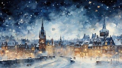 Obraz premium Medieval town with a snowy background - european architecture painting - cozy wallpaper