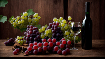 photo of red grapes and wine bottles and glasses, generated by AI