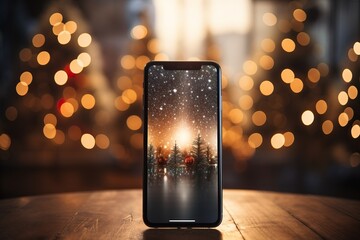 a phone on a desk, with christmas lights and christmas background wallpaper - holiday cheer