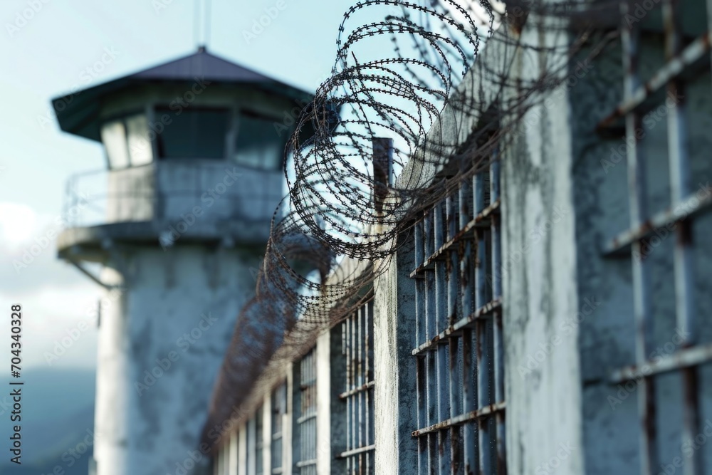 Aufkleber a building with barbed wire on top. can be used to represent security or confinement