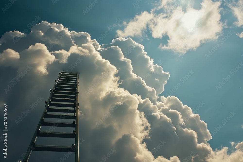 Poster A ladder reaching towards the sky filled with fluffy clouds. Ideal for illustrating aspirations and limitless possibilities
