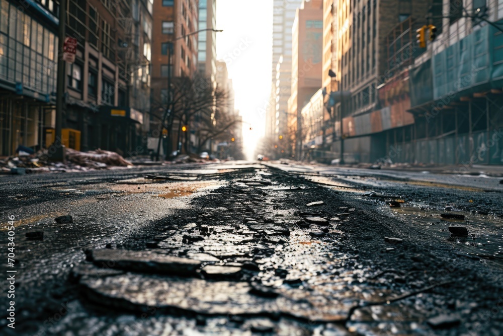 Poster a city street with a puddle in the middle. suitable for urban themes and weather-related concepts