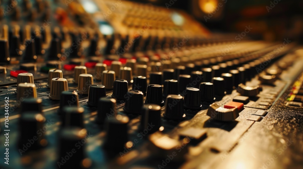 Poster A detailed view of a sound board in a recording studio. This image can be used to illustrate the professional audio production process