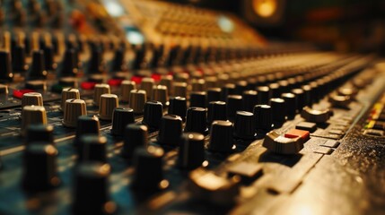 A detailed view of a sound board in a recording studio. This image can be used to illustrate the professional audio production process