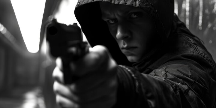 A man wearing a hooded jacket holds a gun. This image can be used to depict crime, danger, or suspenseful situations