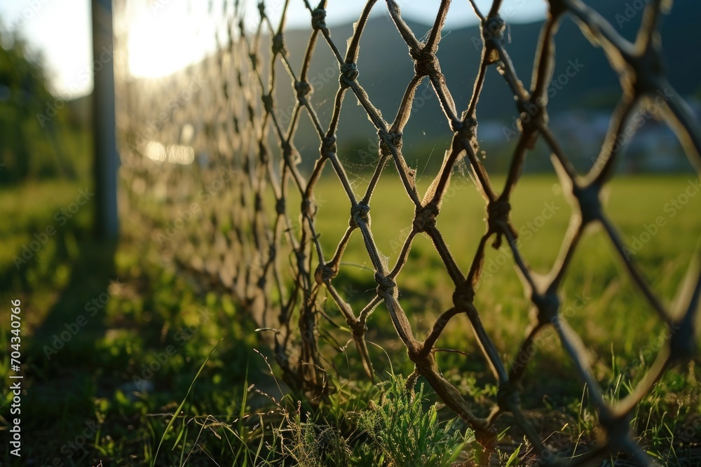 Poster a detailed view of a chain link fence. this image can be used to depict security, boundaries, or con