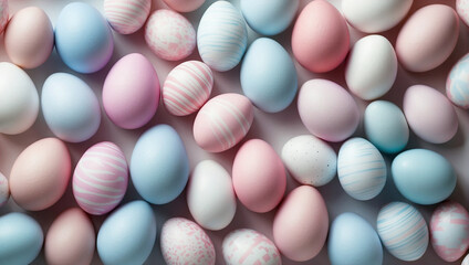 Pattern of light blue, pink and white Easter eggs on a blue background - obrazy, fototapety, plakaty
