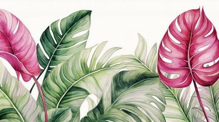 Vibrant Tropical Leaf Wallpaper Design with Exotic Watercolor Texture - Artistic Botanical Background for Modern Decor