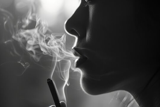 A woman is captured smoking a cigarette in a black and white photo. This image can be used to depict smoking habits or vintage aesthetics