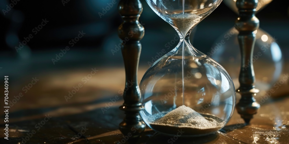 Poster hourglass sitting on top of a wooden table. perfect for time management and productivity concepts
