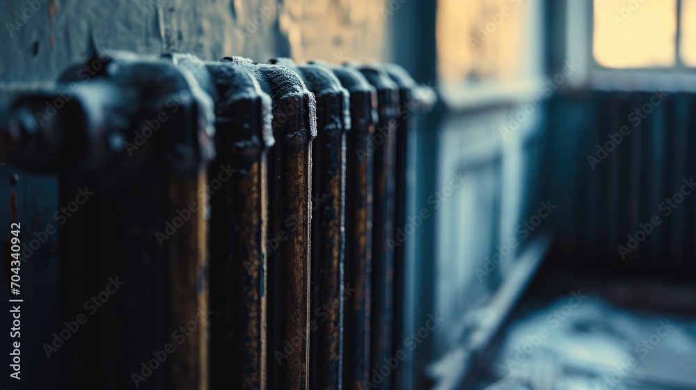 Poster a radiator in a room with a view of a window. perfect for home interior designs and heating concepts