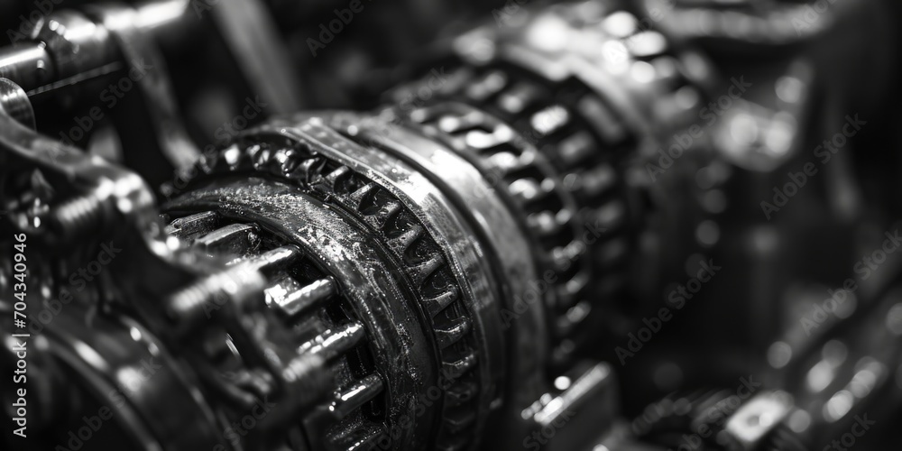 Poster a detailed black and white photograph showcasing a close-up view of gears. this image can be used to