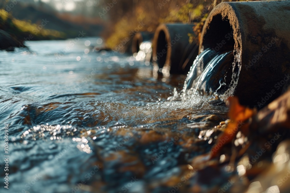 Poster A picture capturing a stream flowing through a lush forest with an abundance of water. This image can be used to depict the beauty of nature and the tranquility of a forest landscape
